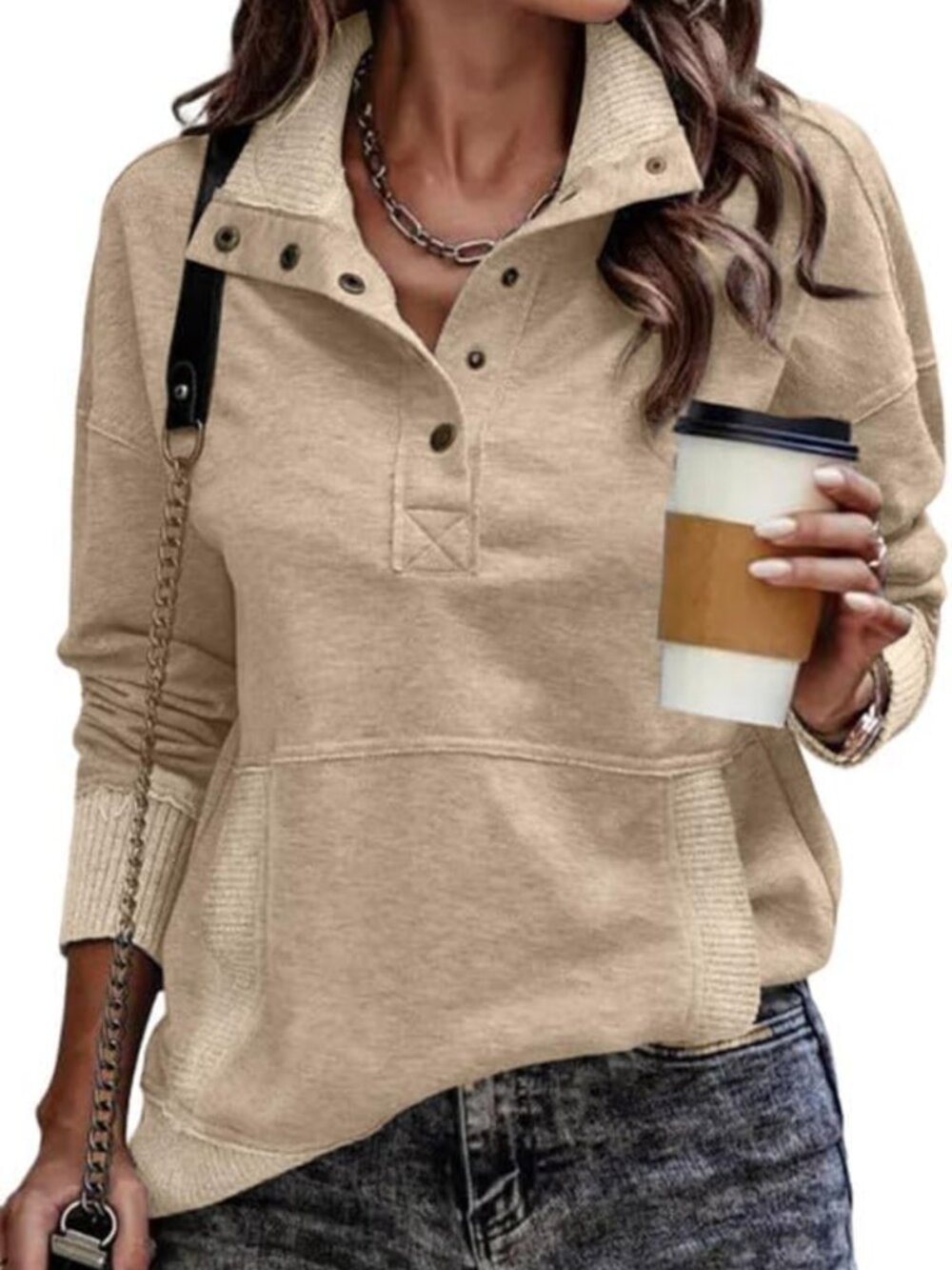 Casual Long Sleeve Stand Neck Sweatshirt - Lightweight Button Drawstring